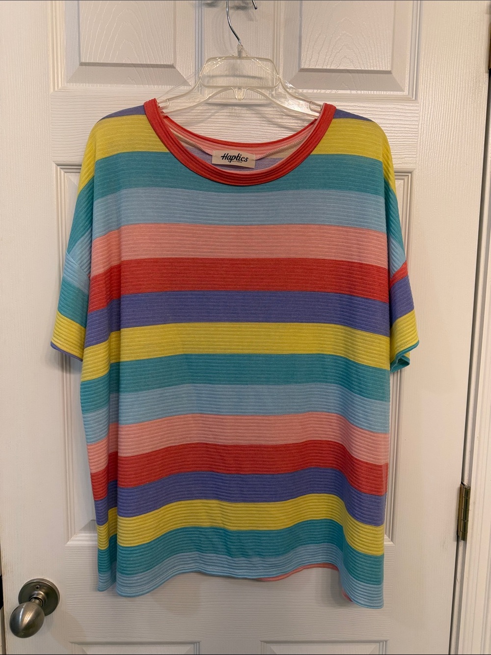 Haptics Multicolor Striped Short Sleeve Tee - Red Trim